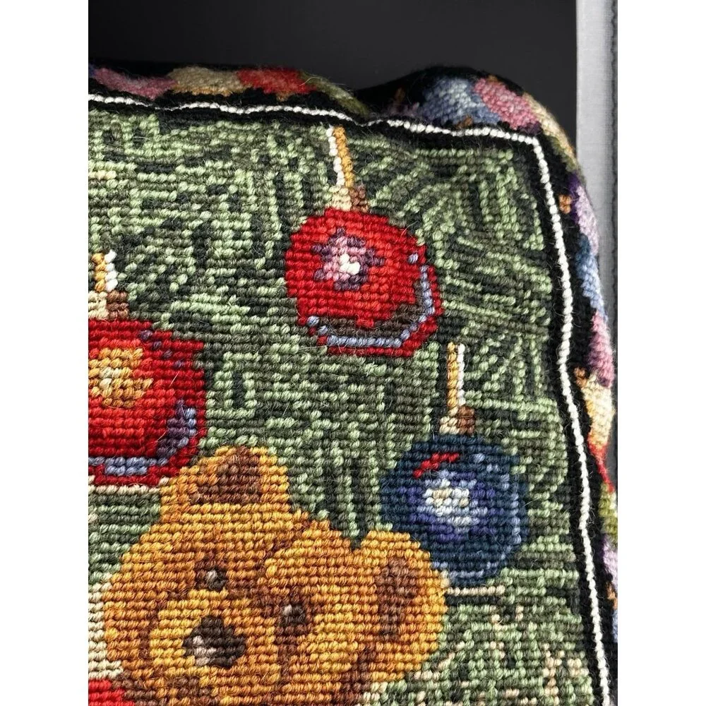 Wool Needlepoint Pillow Christmas Dog Cat Teddy Bears Tree Vintage Complete READ